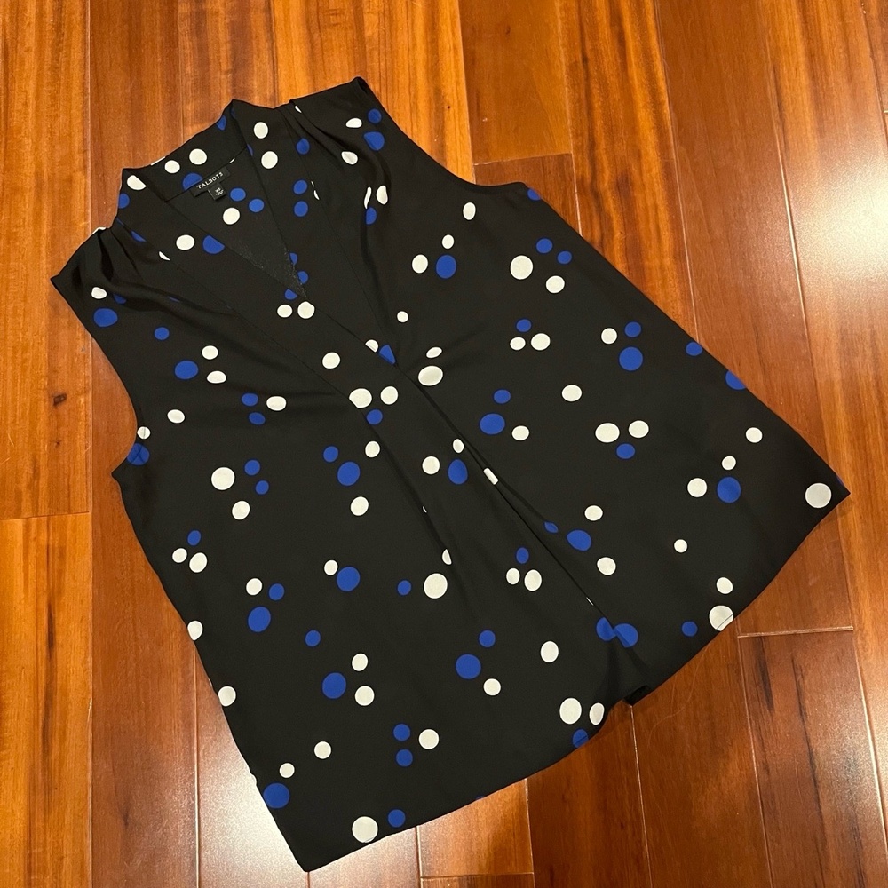 TALBOTS‎ Tank Top Blouse Black White Blue Polka Dot Sleeveless Casual Size XS